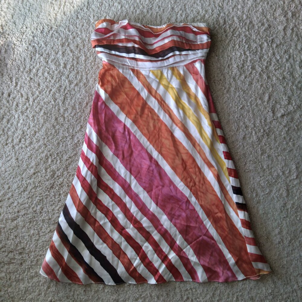 Vintage Y2K The Limited Colorful Striped Strapless Silk Dress with Pleats Size 2